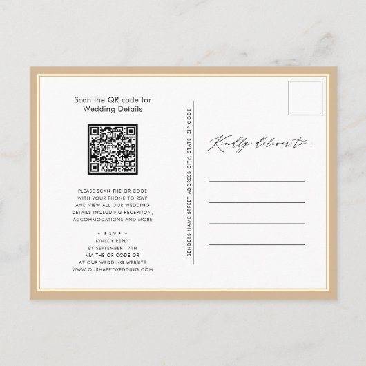 Beige QR-code in één modern script Uitnodiging Briefkaart (Achterkant)