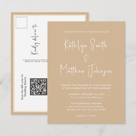 Beige QR-code in één modern script Uitnodiging Briefkaart (Voorkant / Achterkant)