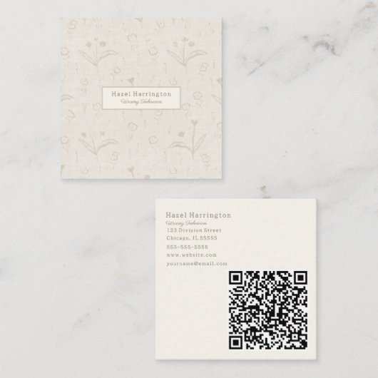 Beige QR Code Neutraal Visitekaartje Minimalist (Voorkant / Achterkant)
