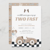 Beige Race Car Two Fast Second Birthday Invite  Kaart (Voorkant / Achterkant)