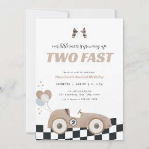 Beige Raceauto Twee Snel Tweede Verjaardagsuitnodi Kaart