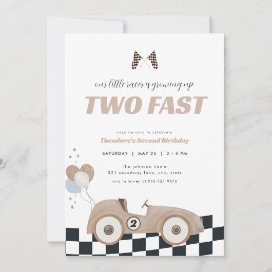 Beige Raceauto Twee Snel Tweede Verjaardagsuitnodi Kaart (Voorkant)