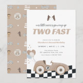 Beige Raceauto Twee Snel Tweede Verjaardagsuitnodi Kaart (Voorkant / Achterkant)