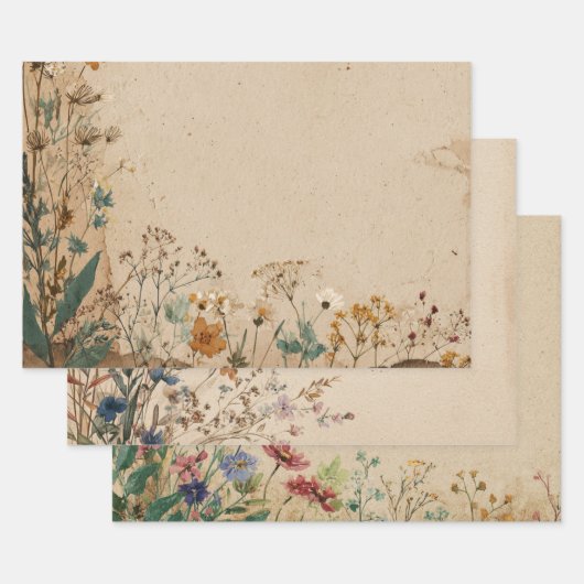 Beige Rand Landelijk Bohoemien Wilde Bloem Inpakpapier Vel (Set)