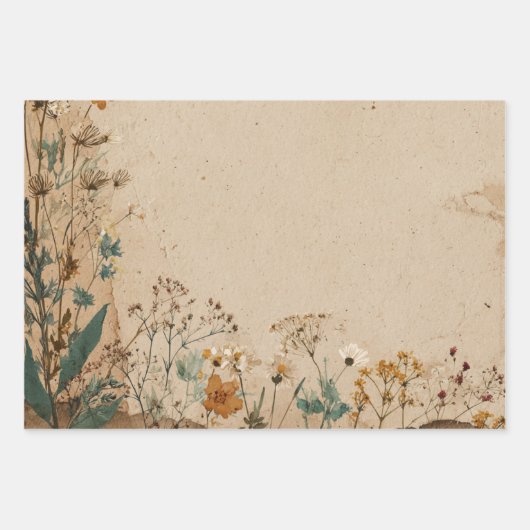 Beige Rand Rustieke Boho Wilde Bloem Inpakpapier Vel (Voorkant)