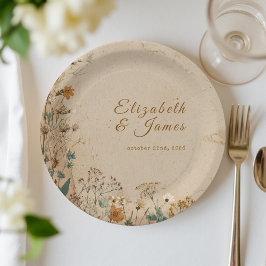 Beige rand rustieke boho wilde bloemen bruiloft papieren bordje