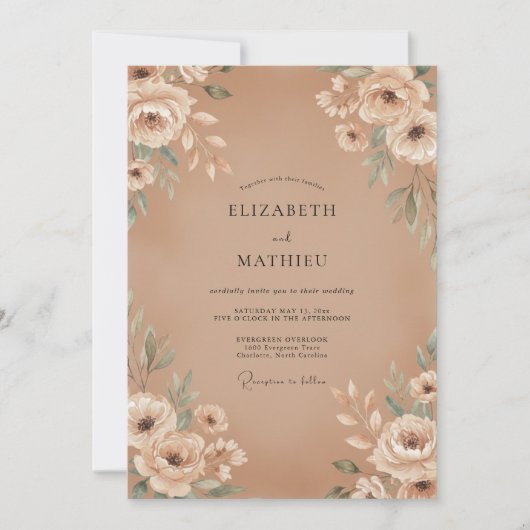 Beige Ranunculus Eucalyptus Bruiloft Kaart (Voorkant)