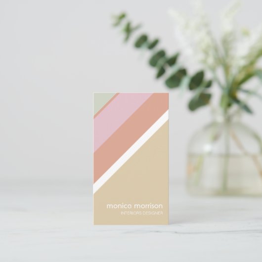 Beige red stripes feminine minimal elegant retro visitekaartje (Staand voorkant)