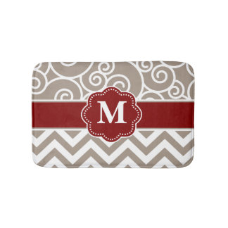 Beige Red Swirl Chevron Monogram Bathmat Badmat