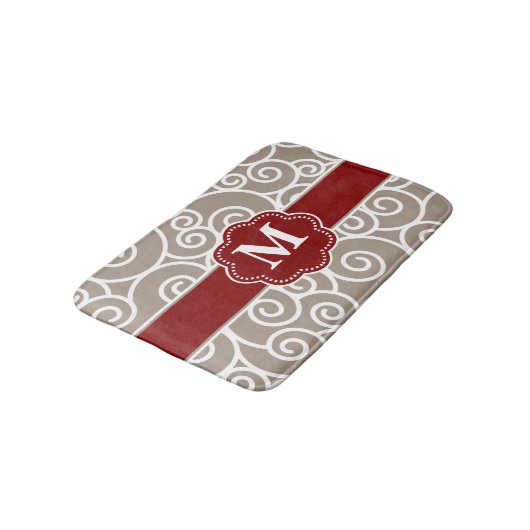 Beige Red Swirl Monogram Bathmat Badmat (Gekanteld)