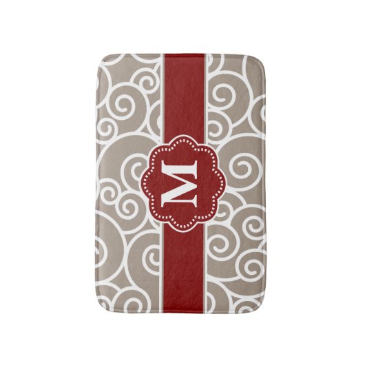 Beige Red Swirl Monogram Bathmat Badmat (Voorkant Verticaal)