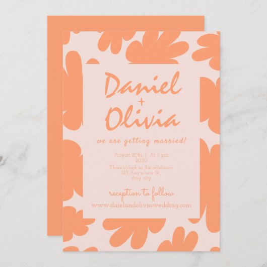 Beige Retro Bloemen met QR Huwelijksuitnodiging Kaart (Voorkant / Achterkant)