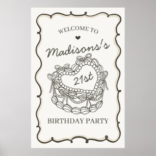 Beige Retro Hart Coquette Cake Verjaardag Welkom Poster