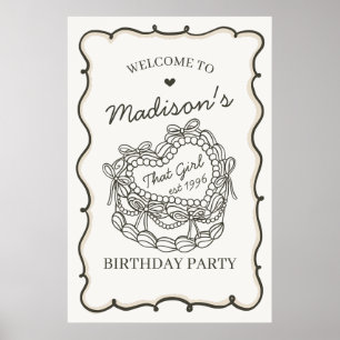 Beige Retro Hart Coquette Cake Verjaardag Welkom Poster