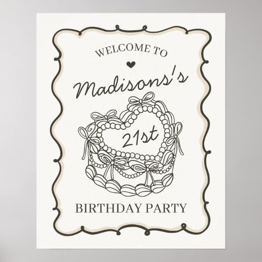 Beige Retro Hart Coquette Cake Verjaardag Welkom Poster (Voorkant)