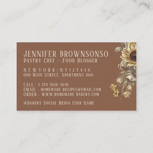 Beige Retro Wood Rolling Pin Sunflower Bakery Visitekaartje (Achterkant)