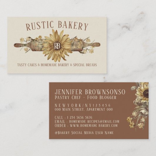 Beige Retro Wood Rolling Pin Sunflower Bakery Visitekaartje (Voorkant / Achterkant)