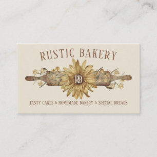 Beige Retro Wood Rolling Pin Sunflower Bakery Visitekaartje