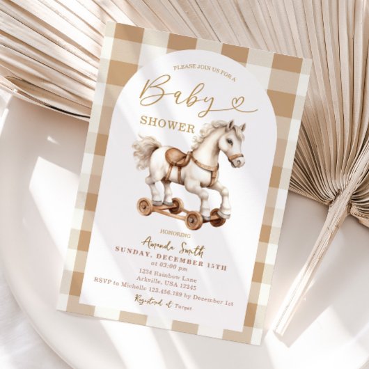 Beige Rocking Horse Brown Gingham Arch Baby shower Kaart
