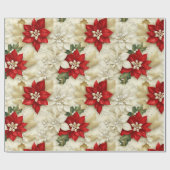 Beige & Rode Poinsettia Bloemparels Kerstmis Cadeaupapier (Vlak)