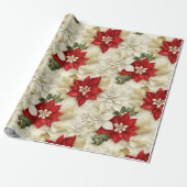 Beige & Rode Poinsettia Bloemparels Kerstmis Cadeaupapier (Uitgerold)