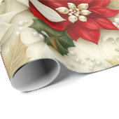 Beige & Rode Poinsettia Bloemparels Kerstmis Cadeaupapier (Rol Hoek)