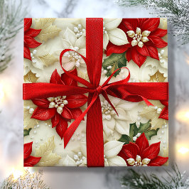 Beige & Rode Poinsettia Bloemparels Kerstmis Cadeaupapier