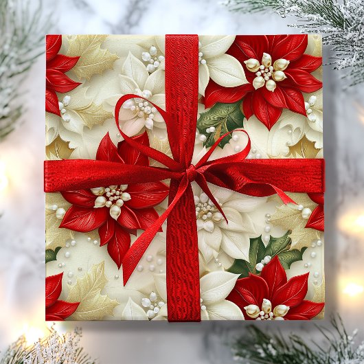Beige & Rode Poinsettia Bloemparels Kerstmis Cadeaupapier