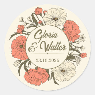 Beige Rode Vintage Trouwsticker Illustratief Ronde Sticker