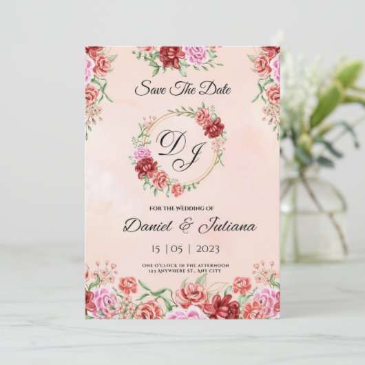 Beige rode waterverf bloemkaart, elegante bloem f kaart (Staand voorkant)