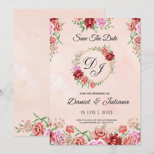 Beige rode waterverf bloemkaart, elegante bloem f kaart (Voorkant / Achterkant)