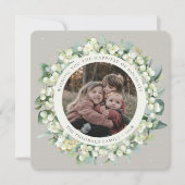 Beige Ronde/Vierkante Sneeuwbes+Eucalyptus Foto Feestdagenkaart (Voorkant)