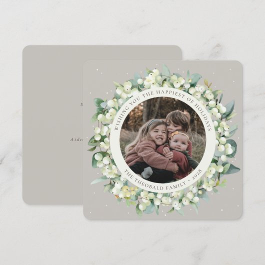 Beige Ronde/Vierkante Sneeuwbes+Eucalyptus Foto Feestdagenkaart (Voorkant / Achterkant)