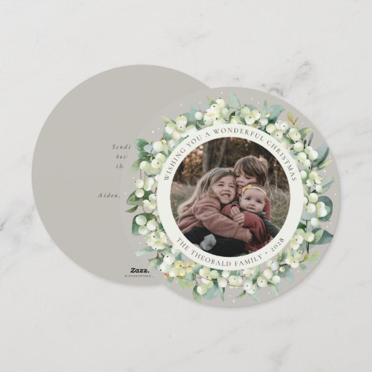 Beige Ronde/Vierkante Sneeuwbes+Eucalyptus Foto Feestdagenkaart (Voorkant / Achterkant)