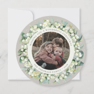 Beige Ronde/Vierkante Sneeuwbes+Eucalyptus Foto Feestdagenkaart
