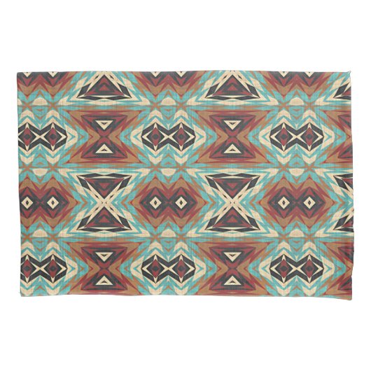 Beige Rood Bruin Aqua Blauw Groen Zwart Tribal Art Kussensloop (Voorkant-Links)