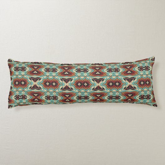 Beige Rood Bruin Aqua Blauw Groen Zwart Tribal Art Lichaamskussen (Achterkant)
