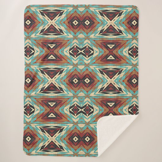 Beige Rood Bruin Aqua Blauw Groen Zwart Tribal Art Sherpa Deken (Voorkant)