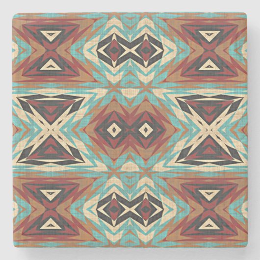 Beige Rood Bruin Aqua Blauw Groen Zwart Tribal Art Stenen Onderzetter (Voorkant)