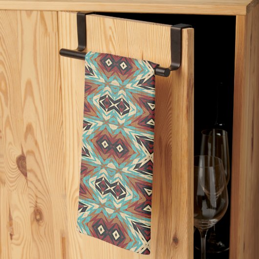 Beige Rood Bruin Aqua Blauw Groen Zwart Tribal Art Theedoek (Derde Gevouwen)