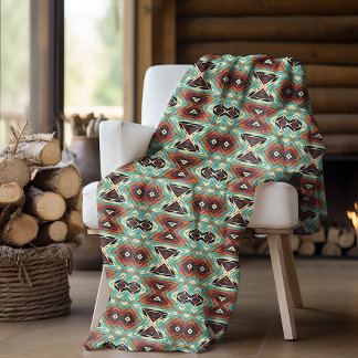 Beige Rood Bruin Aqua Blauw Groen Zwart Tribale Ku Fleece Deken