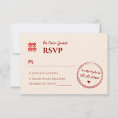 Beige rood chinese bruiloft stempel logo RSVP kaartje (Voorkant)