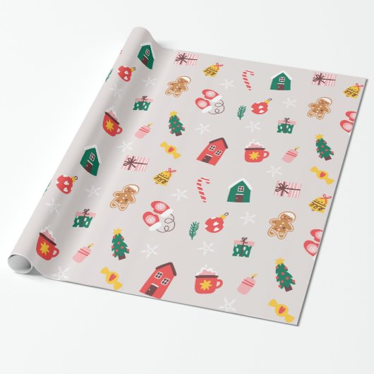 Beige rood en groen Schattige geïllustreerde kerst Cadeaupapier (Uitgerold)