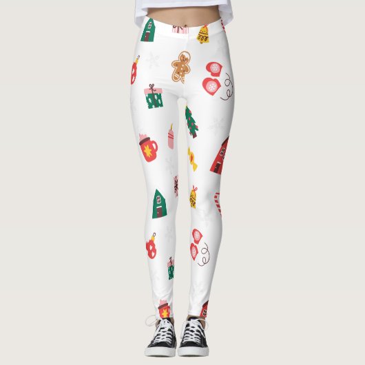 Beige Rood en Groen Schattige Kerst Leggings (Voorkant)