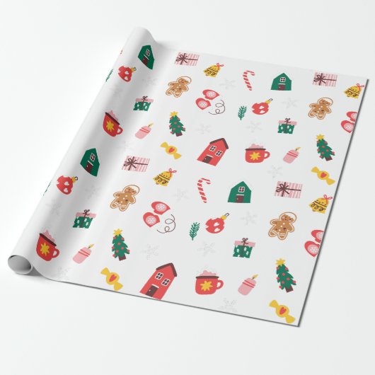 Beige Rood en Groen Schattige Kerstmisverpakkend D Cadeaupapier (Uitgerold)