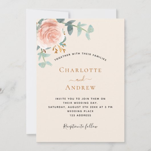 Beige roos gouden bloemenqr code RSVP bruiloft Kaart (Voorkant)