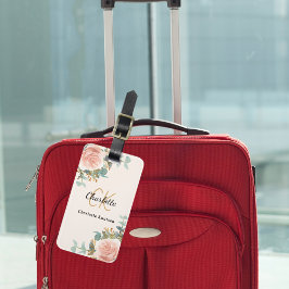 Beige roos gouden bloemstukken monogram elegant bagagelabel