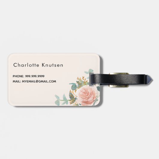 Beige roos gouden bloemstukken monogram elegant bagagelabel (Achterkant horizontaal)