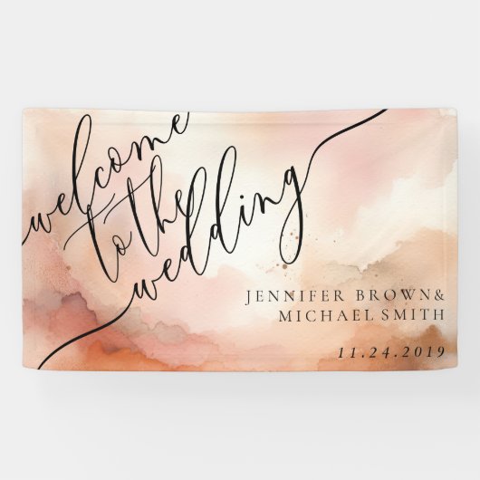 Beige Roos Gouden Waterverf Roze Bruiloft Spandoek (Horizontaal)