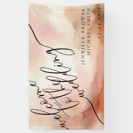 Beige Roos Gouden Waterverf Roze Bruiloft Spandoek (Verticaal)